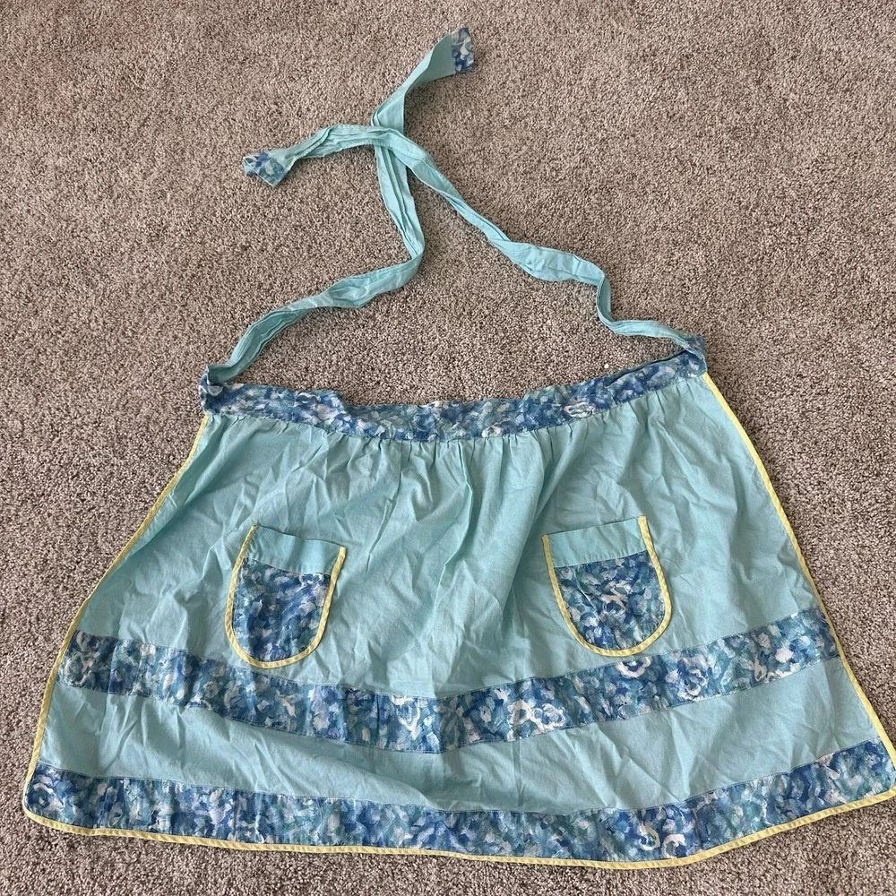 Lot Of 2 Vintage Half Apron Handmade Pockets Tie Back Farmhouse Floral Blue